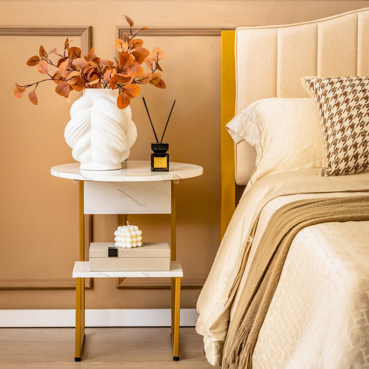 Faux Marble End Table with round Tabletop and Square Shelf