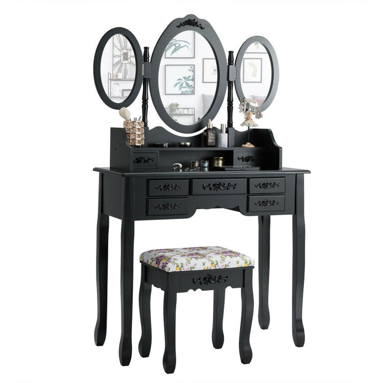 Vanity Set with Tri-Folding Mirror and Cushioned Stool