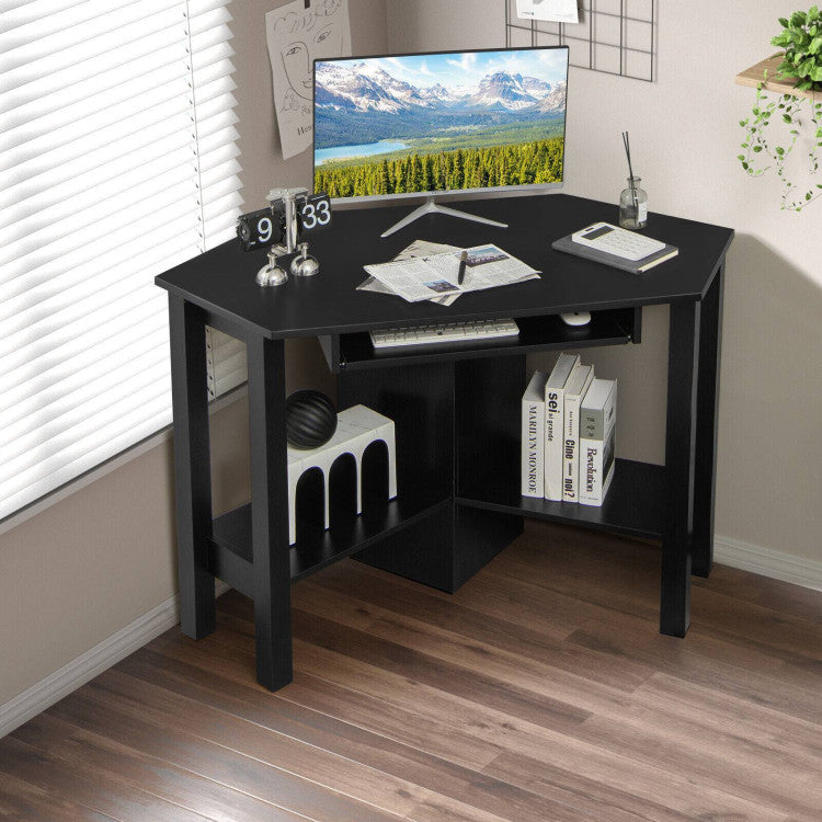 Wooden Study Computer Corner Desk with Keyboard Tray