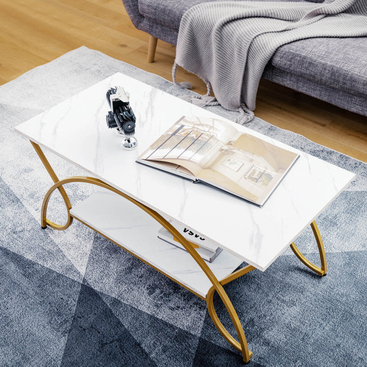 2-Tier Faux Marble Coffee Table with Marble Top and Metal Frame