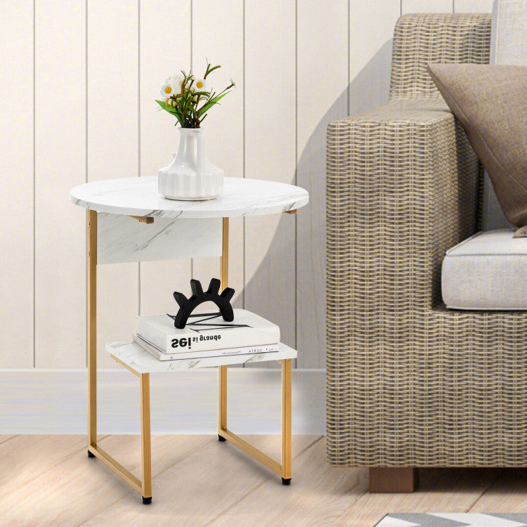 Faux Marble End Table with round Tabletop and Square Shelf