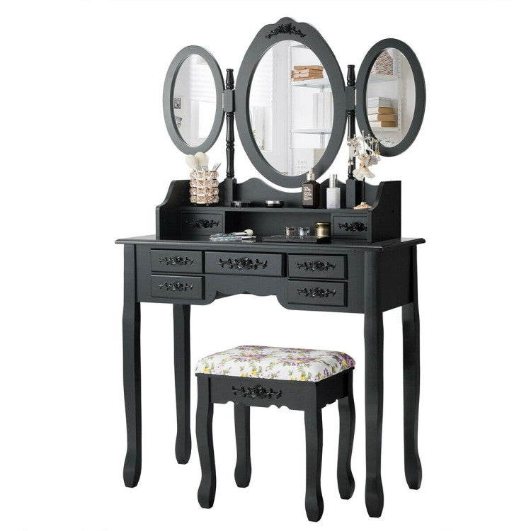 Vanity Set with Tri-Folding Mirror and Cushioned Stool