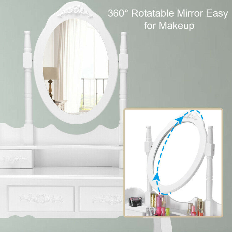 Vanity Table Set with Oval Mirror and 4 Drawers