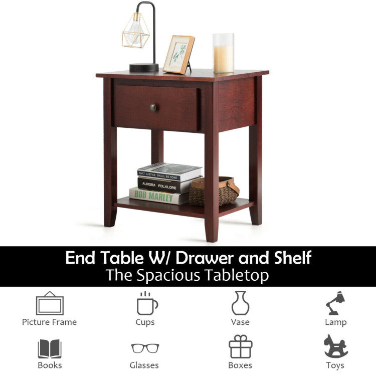 Nightstand with Drawer and Storage Shelf for Bedroom