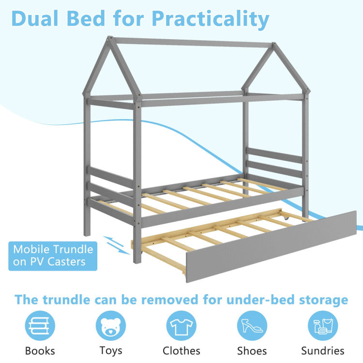 Twin Size Wood House Bed Frame with Trundle for Girls & Boys