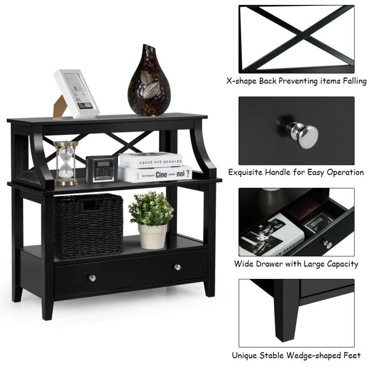 3-Tier Console Table with a Large Slide Drawer and Storage Shelves