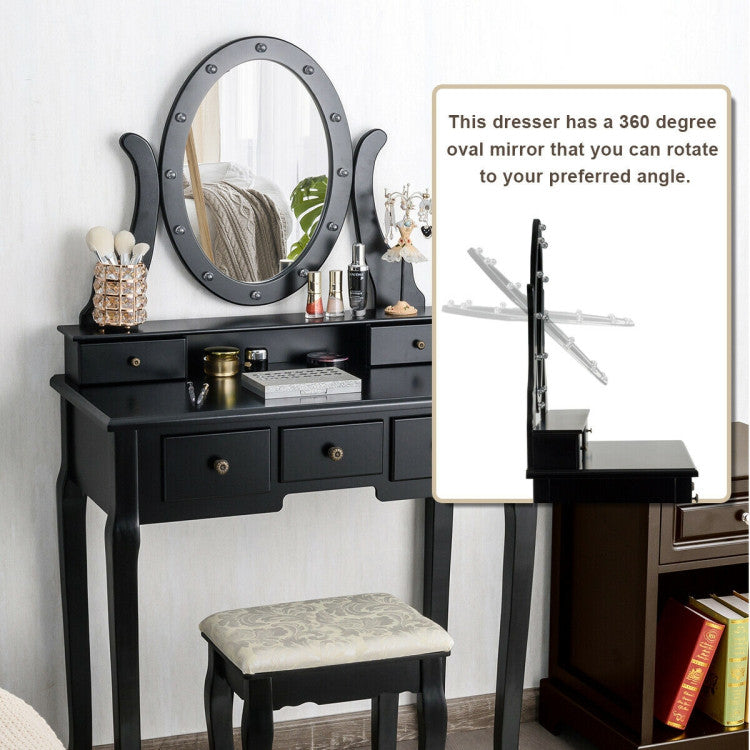 5 Drawers Vanity Table Stool Set with 12-LED Bulbs