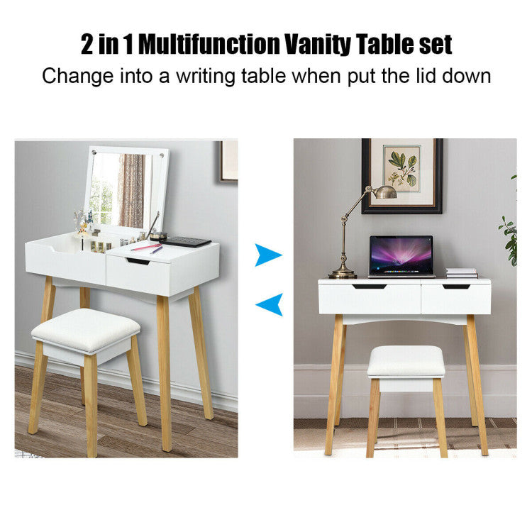 Wooden Vanity Table with Flip Top Mirror and Cushioned Stool