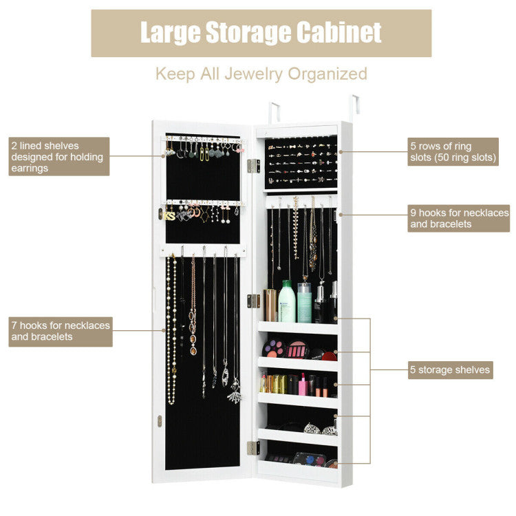 Wall and Door Mirrored Jewelry Cabinet with LED Light