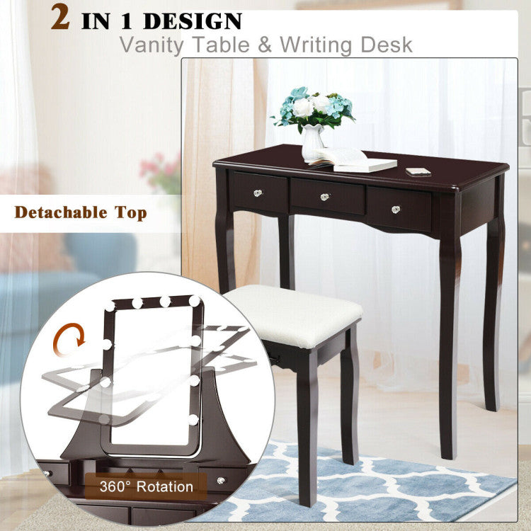 10 Dimmable Light Bulbs Vanity Dressing Table with 2 Dividers and Cushioned Stool