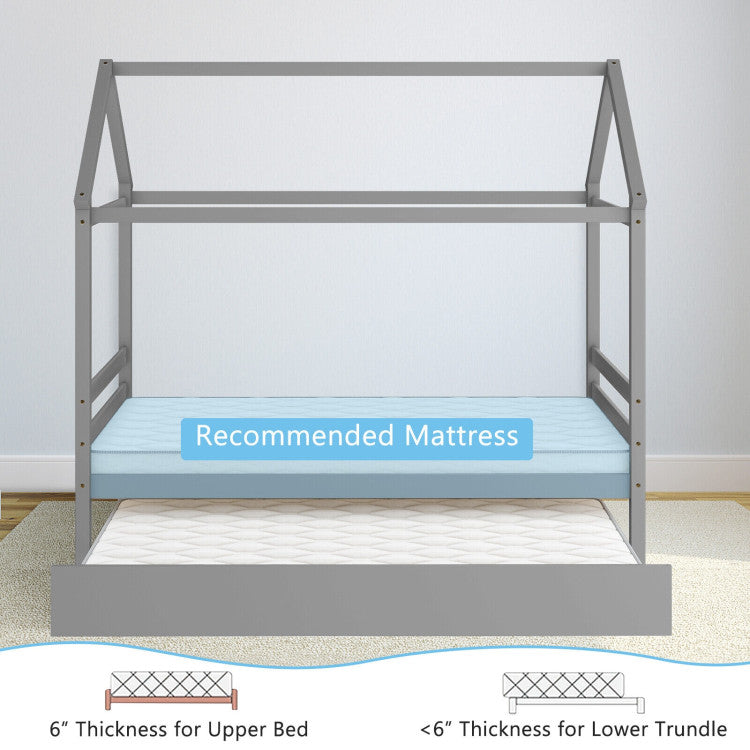 Twin Size Wood House Bed Frame with Trundle for Girls & Boys