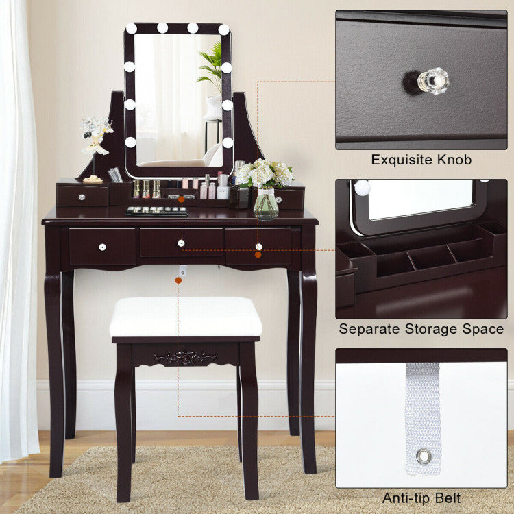 10 Dimmable Light Bulbs Vanity Dressing Table with 2 Dividers and Cushioned Stool