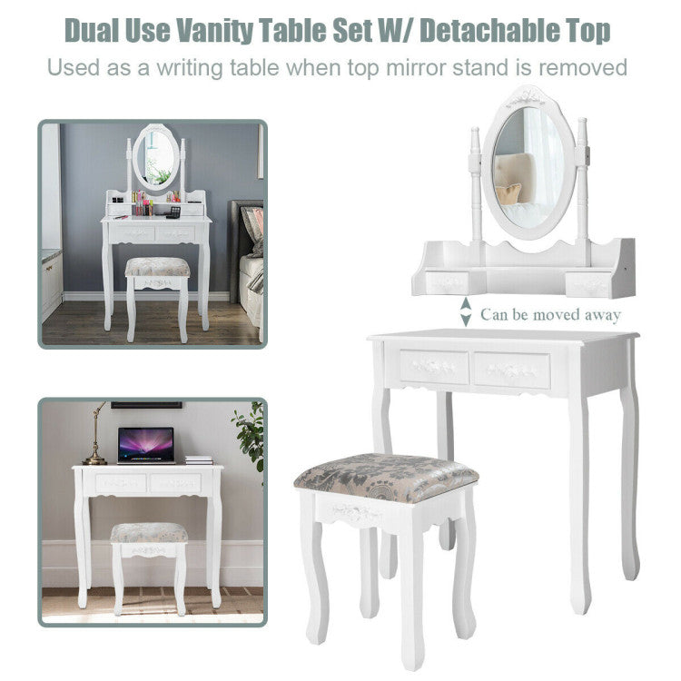 Vanity Table Set with Oval Mirror and 4 Drawers