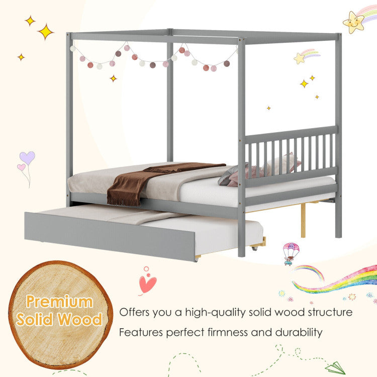 Full Size Canopy Bed Frame with Trundle and Headboard for Kids