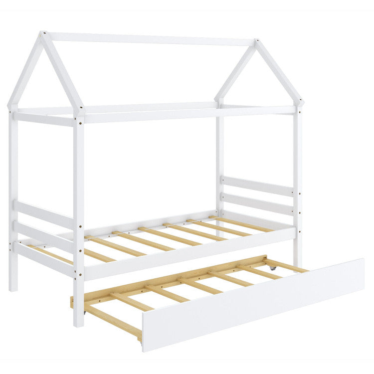 Twin Size Wood House Bed Frame with Trundle for Girls & Boys