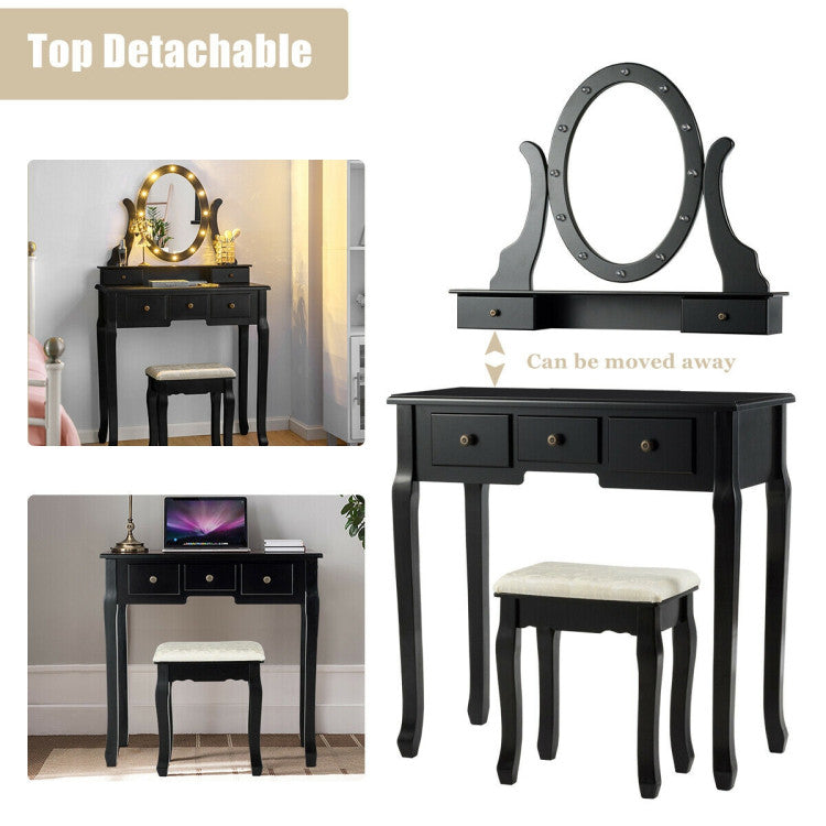 5 Drawers Vanity Table Stool Set with 12-LED Bulbs