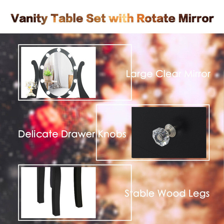 10 Dimmable Lights Vanity Table Set with Lighted Mirror and Cushioned Stool