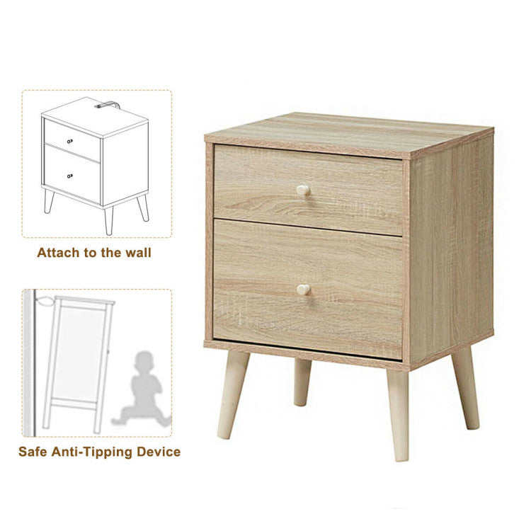 Freestanding Bedside Nightstand with 2 Storage Drawers and Rubber Legs