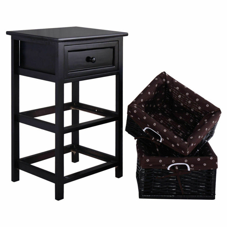 2 Pieces 3 Tiers Wood Nightstand Set with 1 Drawer and 2 Basket