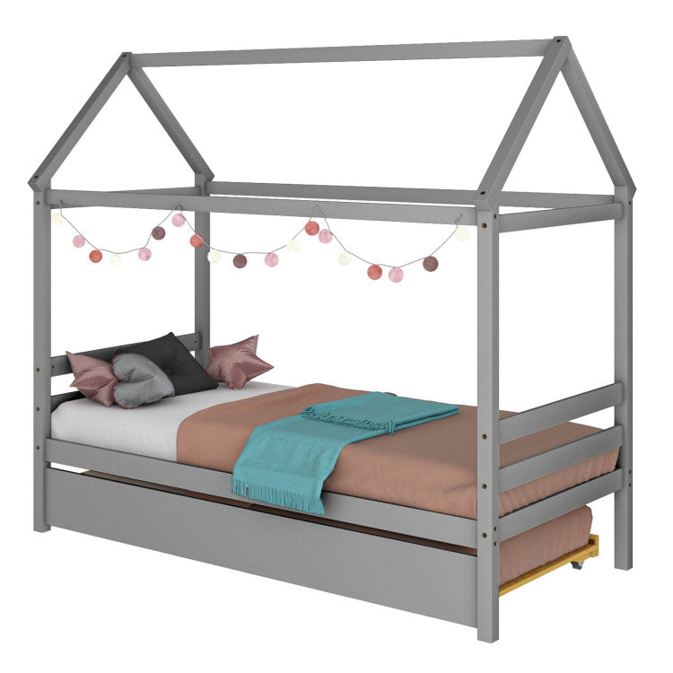 Twin Size Wood House Bed Frame with Trundle for Girls & Boys