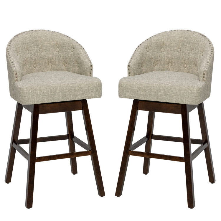 Set of 2 Swivel Bar Stools with Rubber Wood Legs and Padded Back