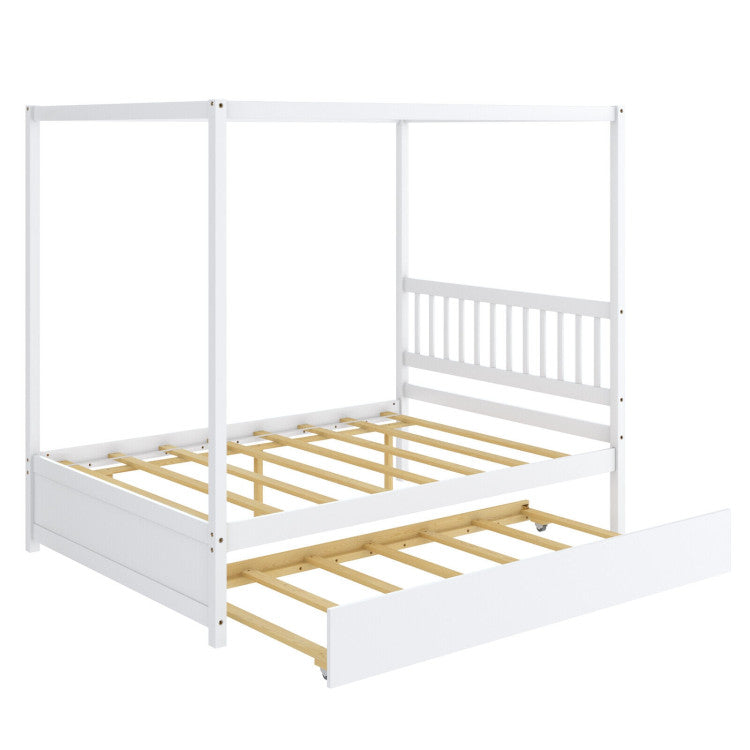 Full Size Canopy Bed Frame with Trundle and Headboard for Kids