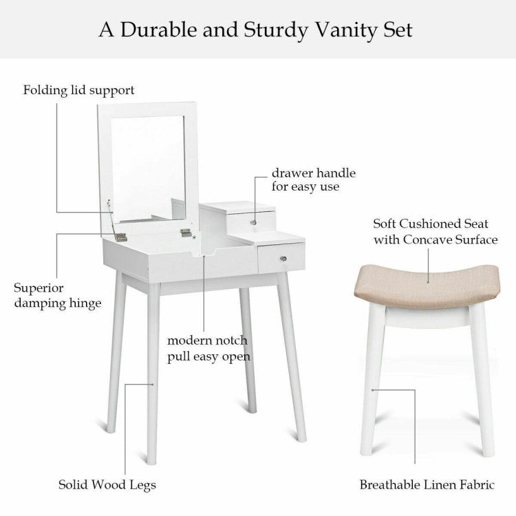 Vanity Dressing Table Set Flip Mirror Desk Furniture Stool