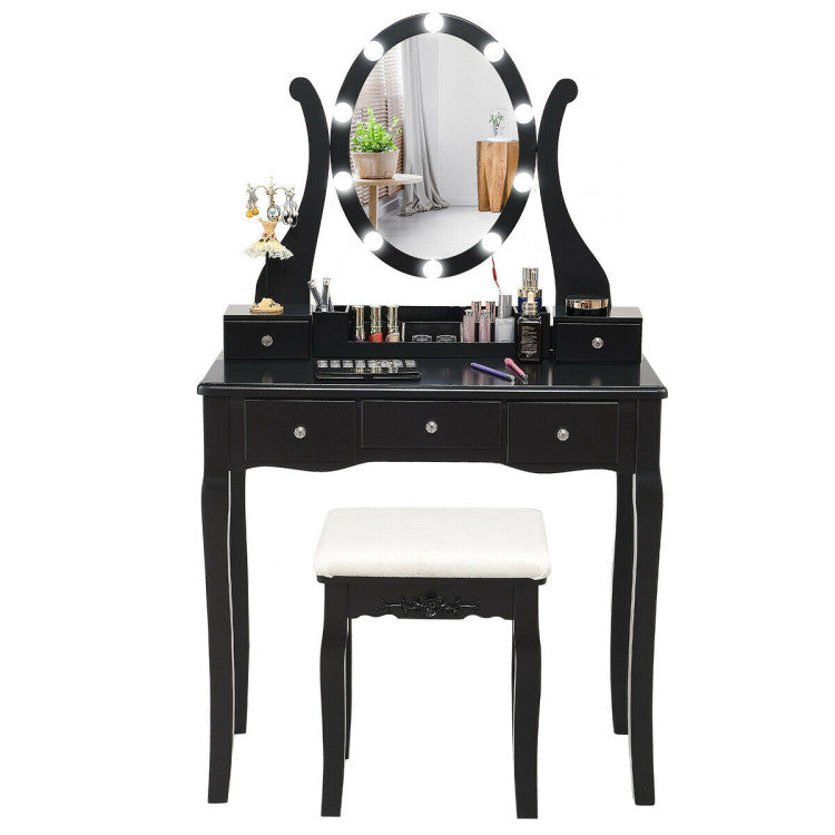 10 Dimmable Lights Vanity Table Set with Lighted Mirror and Cushioned Stool