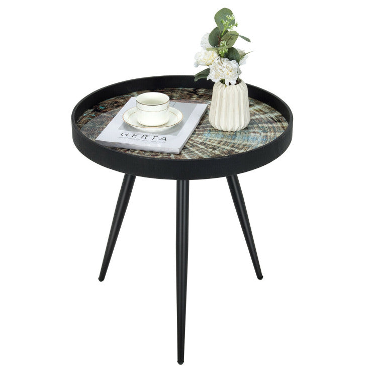 Modern round End Table with Wooden Tray Top for Living Room Bedroom