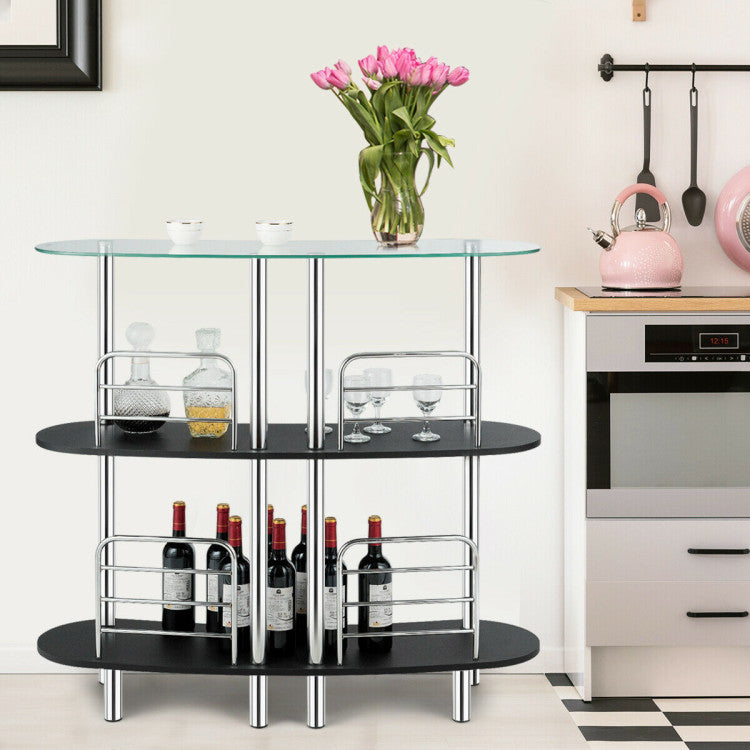 3-Tier Bar Cabinets Table with Tempered Glass Top