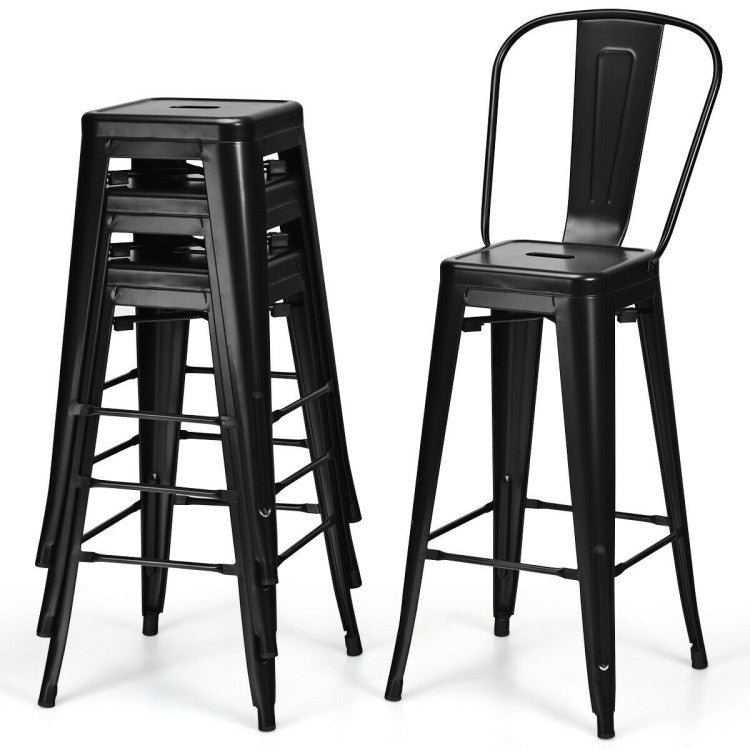 Set of 4 Modern Metal Industrial Bar Stools with Removable Back