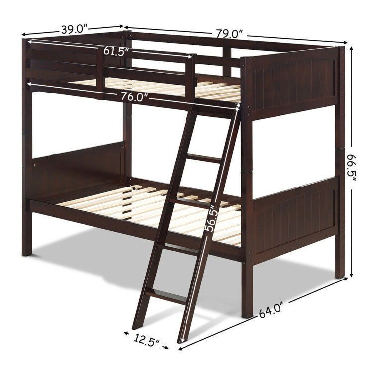 Wooden Twin over Twin Bunk Beds with Ladder and Safety Rail