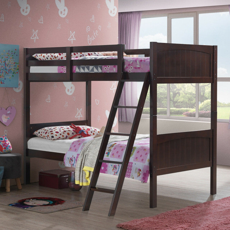 Wooden Twin over Twin Bunk Beds with Ladder and Safety Rail