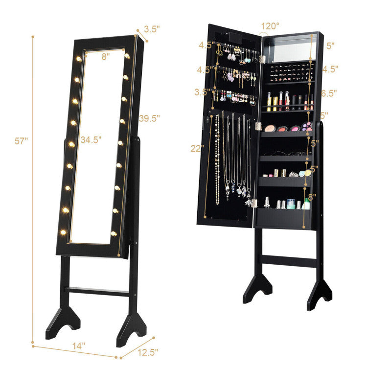 Mirrored Standing Jewelry Armoire Cabinet with LED Lights